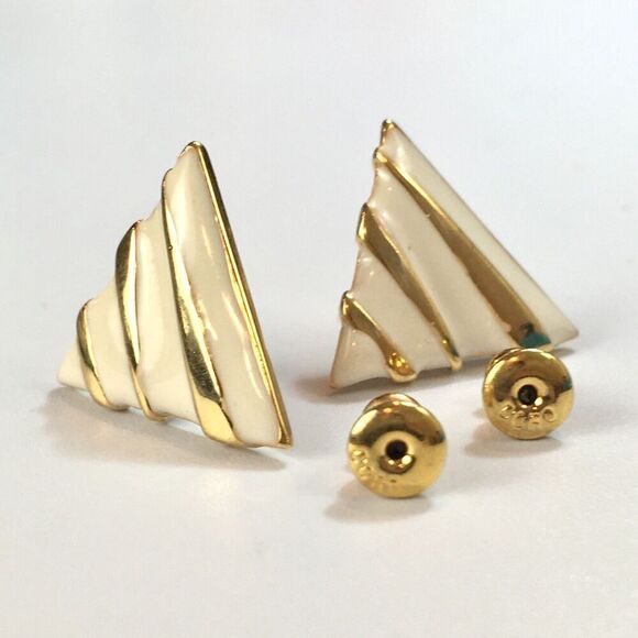 Vintage Coro Earrings Gold Tone White Enamel Triangle Studs Posts - Picture 11 of 12